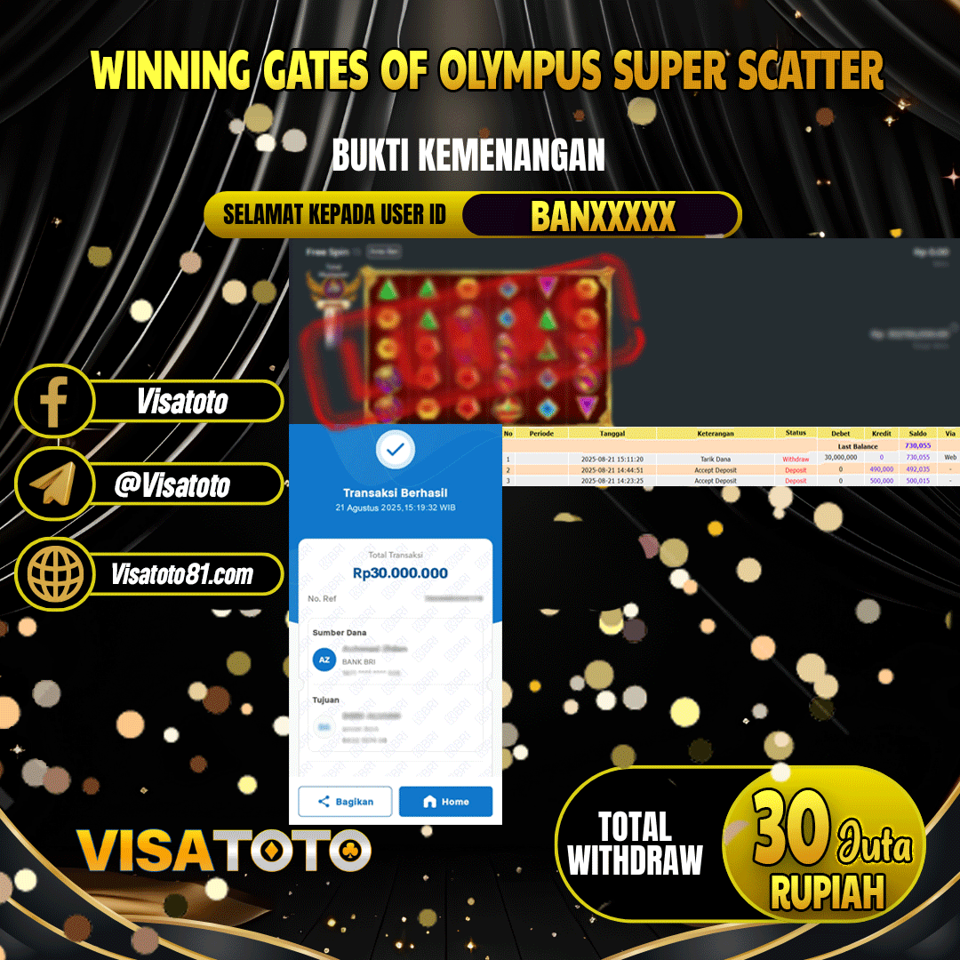 VISATOTO JACKPOT SLOT GATES OF OLYMPUS SUPER SCATTER RP.30.000.000,- LUNAS USER ID BAN***