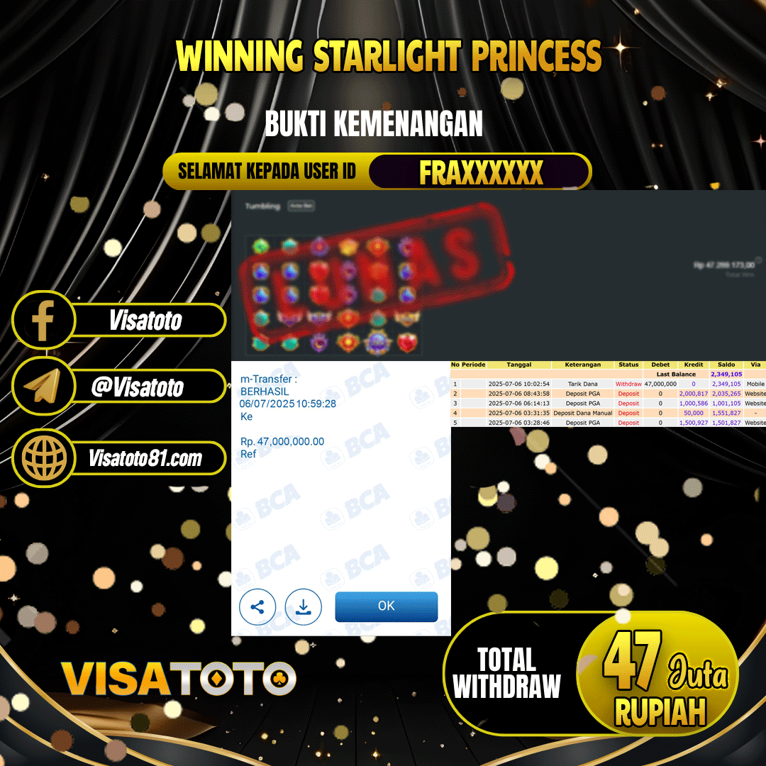 VISATOTO JACKPOT SLOT STARLIGHT PRINCESS RP.47.000.000,- LUNAS USER ID FRA***