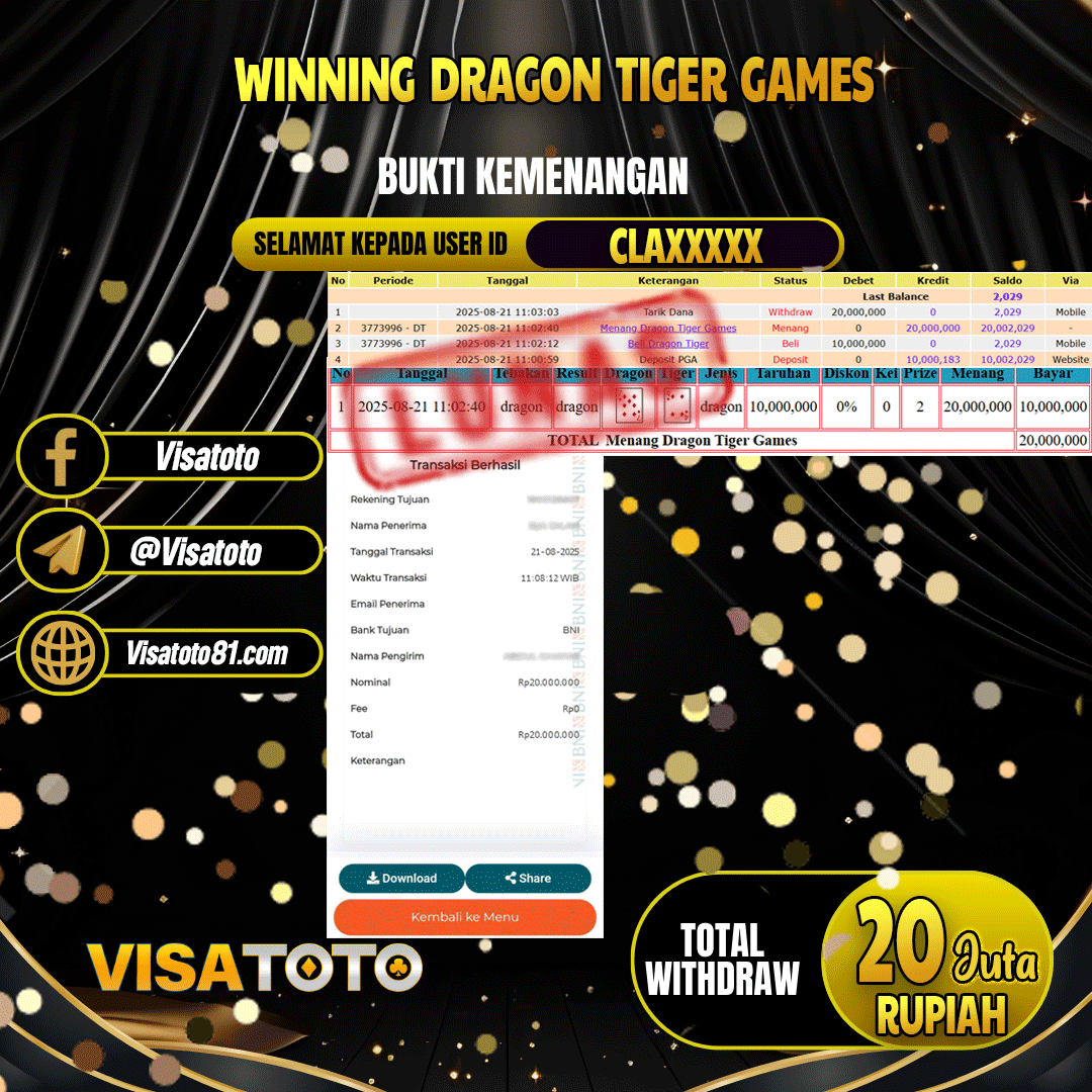 VISATOTO JACKPOT LIVE GAMES DRAGON TIGER GAMES RP.20.000.000,- LUNAS USER ID CLA***