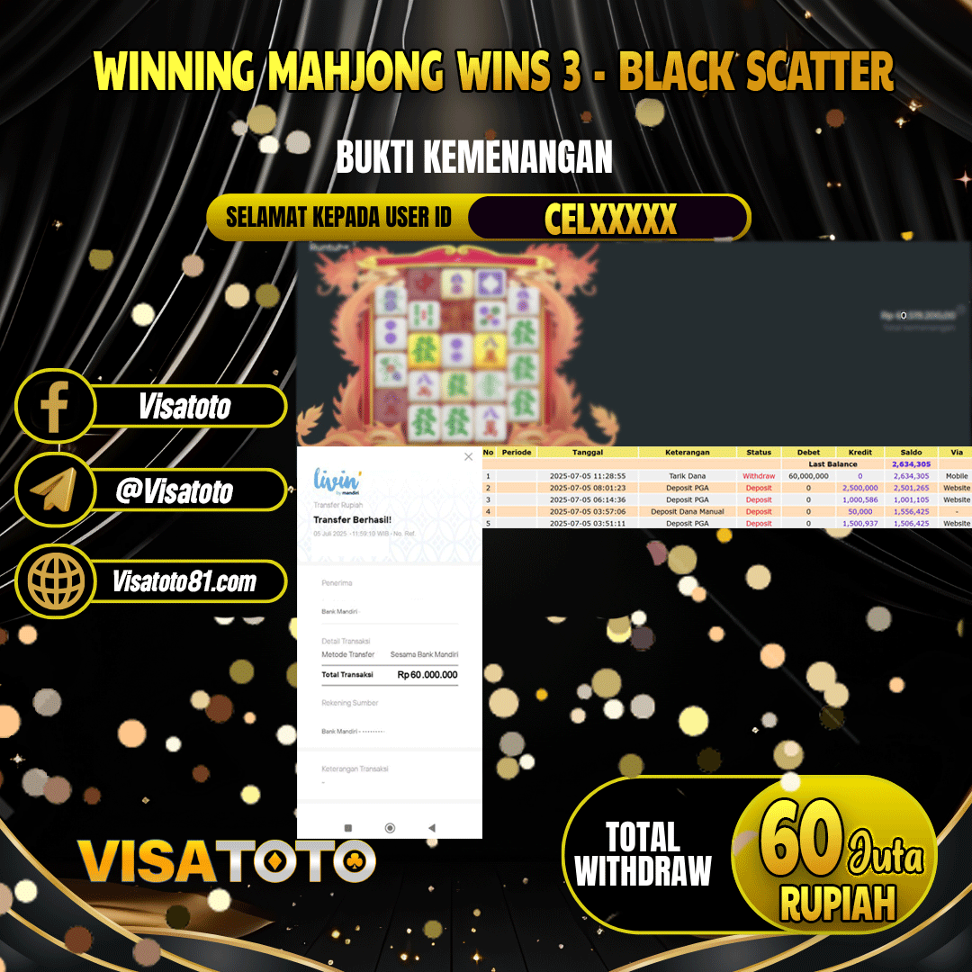 VISATOTO JACKPOT SLOT MAHJONG WINS 3 BLACK SCATTER RP.60.000.000,- LUNAS USER ID CEL***