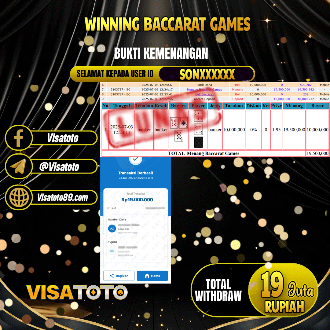 VISATOTO JACKPOT LIVE GAMES BACCARAT GAMES RP.19.000.000,- LUNAS USER ID SON***