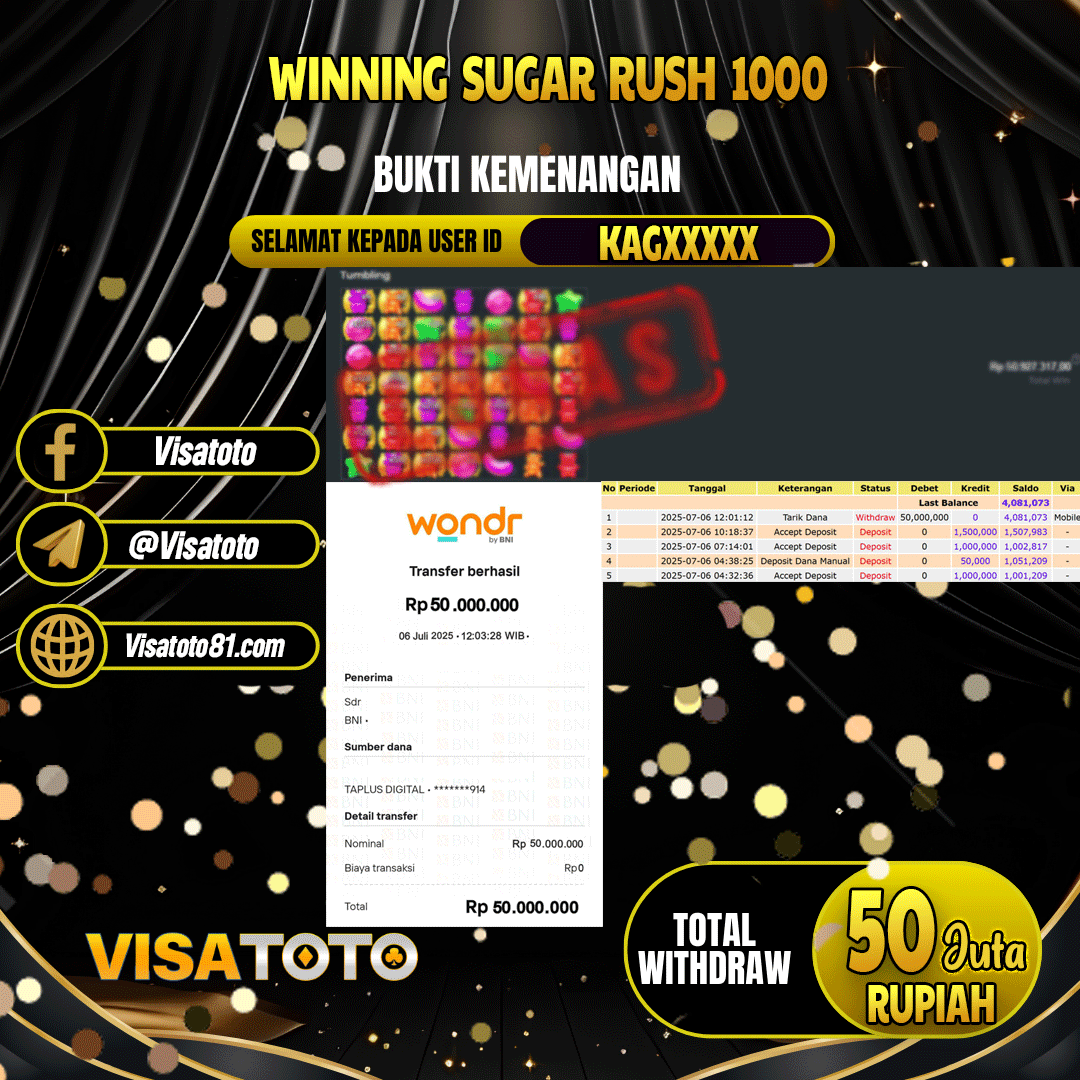 VISATOTO JACKPOT SLOT SUGAR RUSH 1000 RP.50.000.000,- LUNAS USER ID KAG***