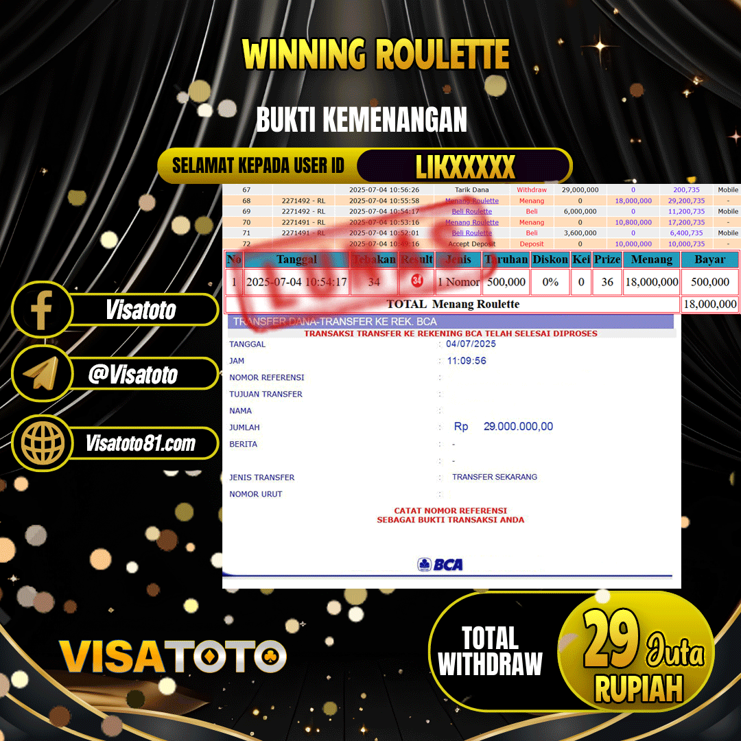 VISATOTO JACKPOT LIVE GAMES ROULETTE RP.29.000.000,- LUNAS USER ID LIK***