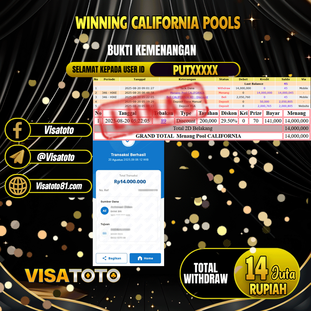 VISATOTO JACKPOT TOGEL CALIFORNIA RP.14.000.000,- LUNAS USER ID PUT***