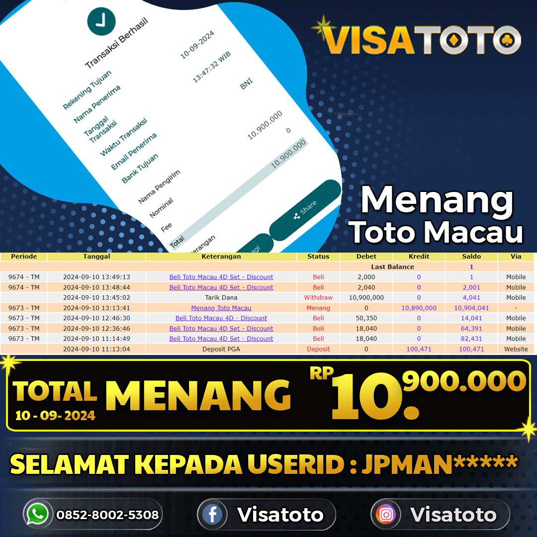 VISATOTO JACKPOT TOTO MACAU RP.10.900.000,- LUNAS USER ID JPMAN***
