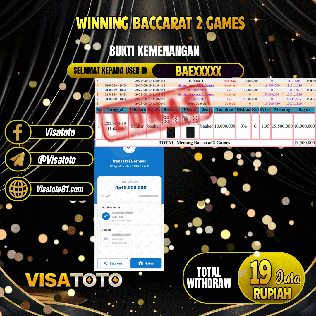 VISATOTO JACKPOT LIVE GAMES BACCARAT 2 GAMES RP.19.000.000,- LUNAS USER ID BAE***