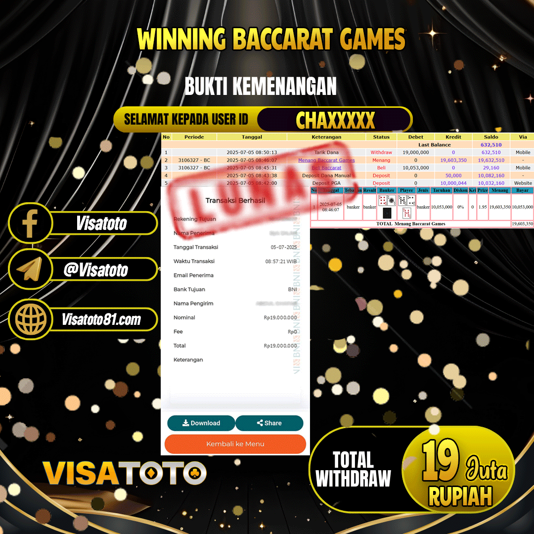 VISATOTO JACKPOT LIVE GAMES BACCARAT GAMES RP.19.000.000,- LUNAS USER ID CHA***