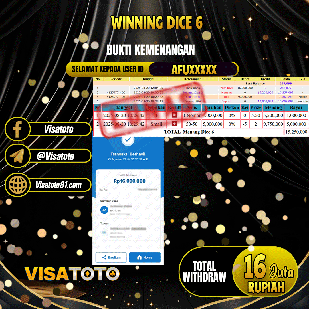 VISATOTO JACKPOT LIVE GAMES DICE 6 RP.16.000.000,- LUNAS USER ID AFU***