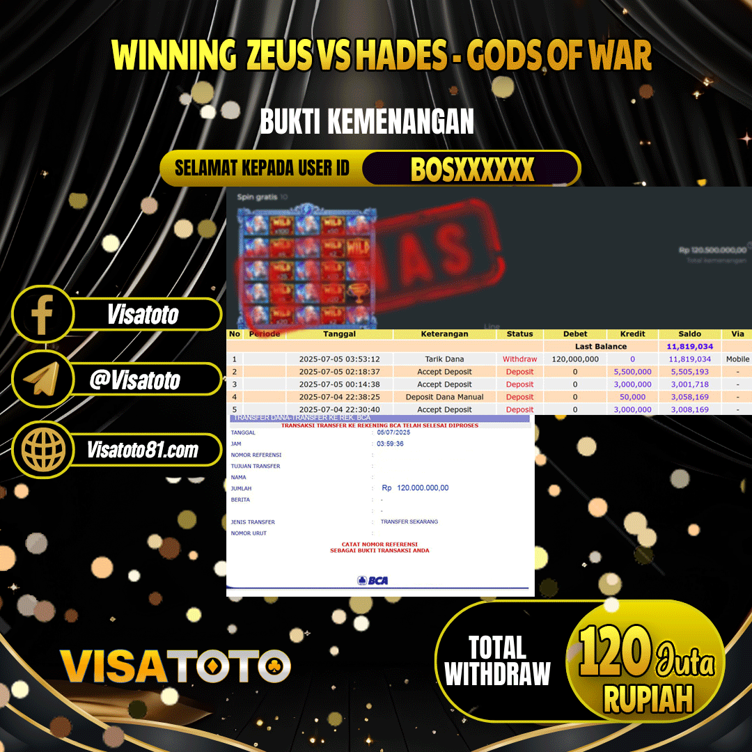 VISATOTO JACKPOT SLOT ZEUS VS HADES GODS OF WAR RP.120.000.000,- LUNAS USER ID BOS***