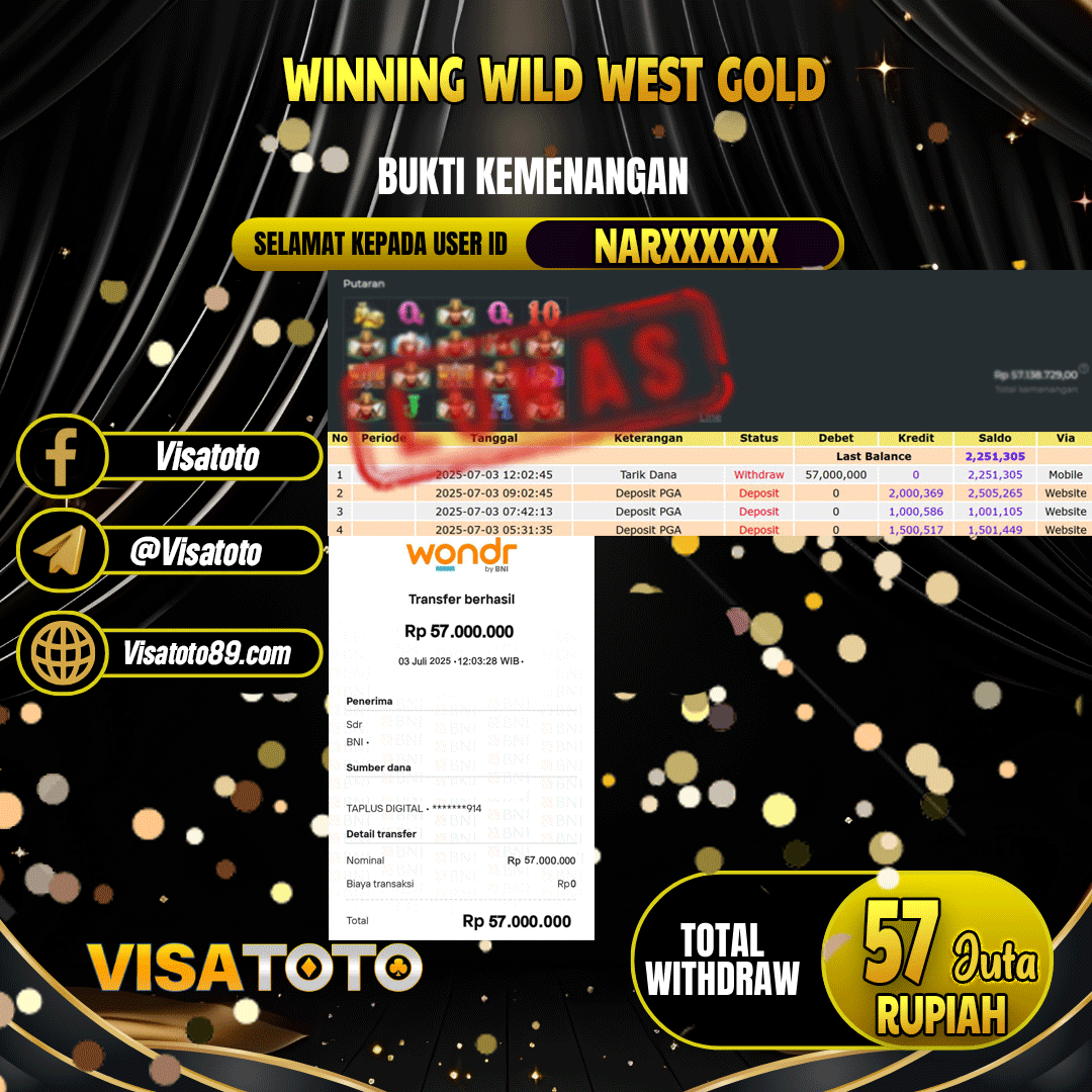 VISATOTO JACKPOT SLOT WILD WEST GOLD RP.57.000.000,- LUNAS USER ID NAR***