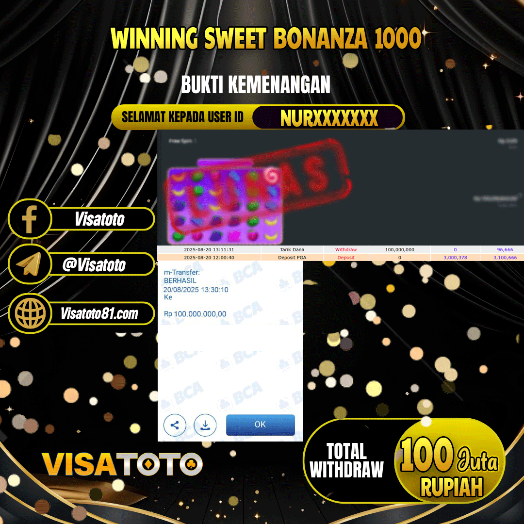 VISATOTO JACKPOT SLOT SWEET BONANZA 1000 RP.100.000.000,- LUNAS USER ID NUR***