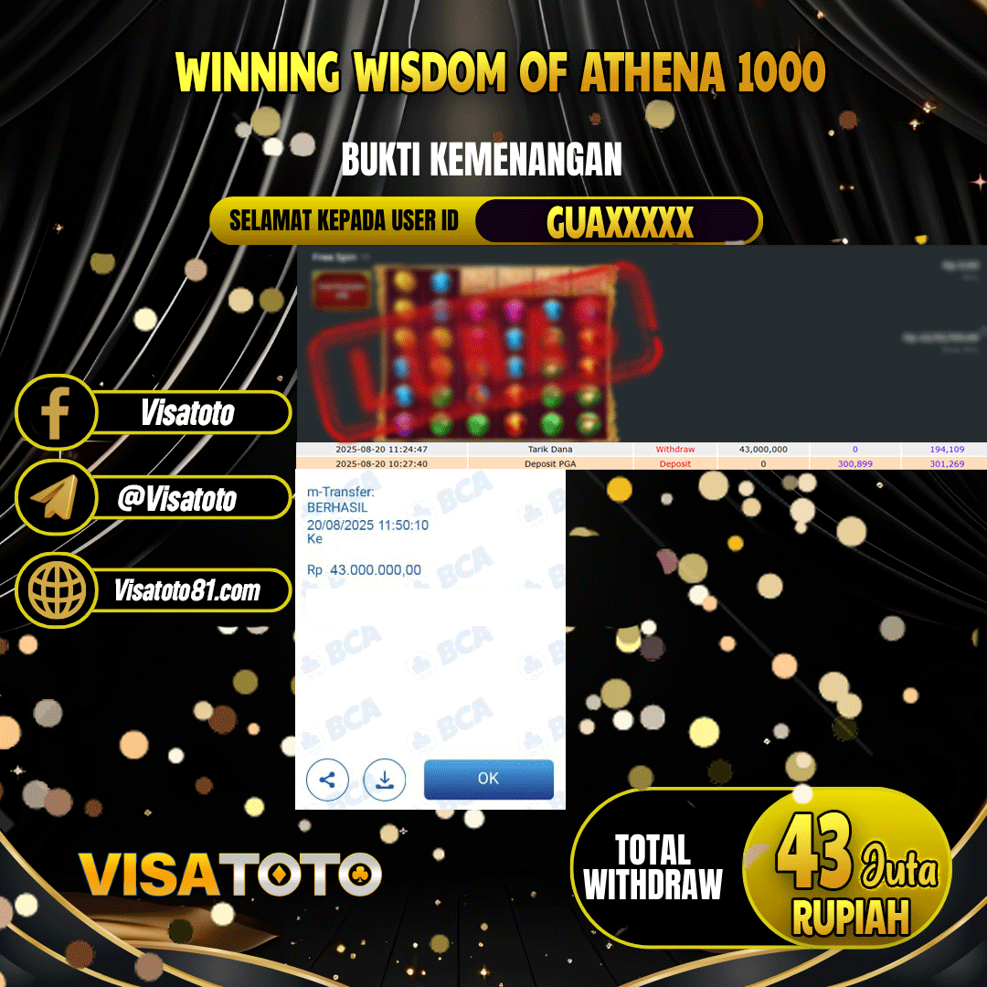 VISATOTO JACKPOT SLOT WISDOM OF ATHENA 1000 RP.43.000.000,- LUNAS USER ID GUA***