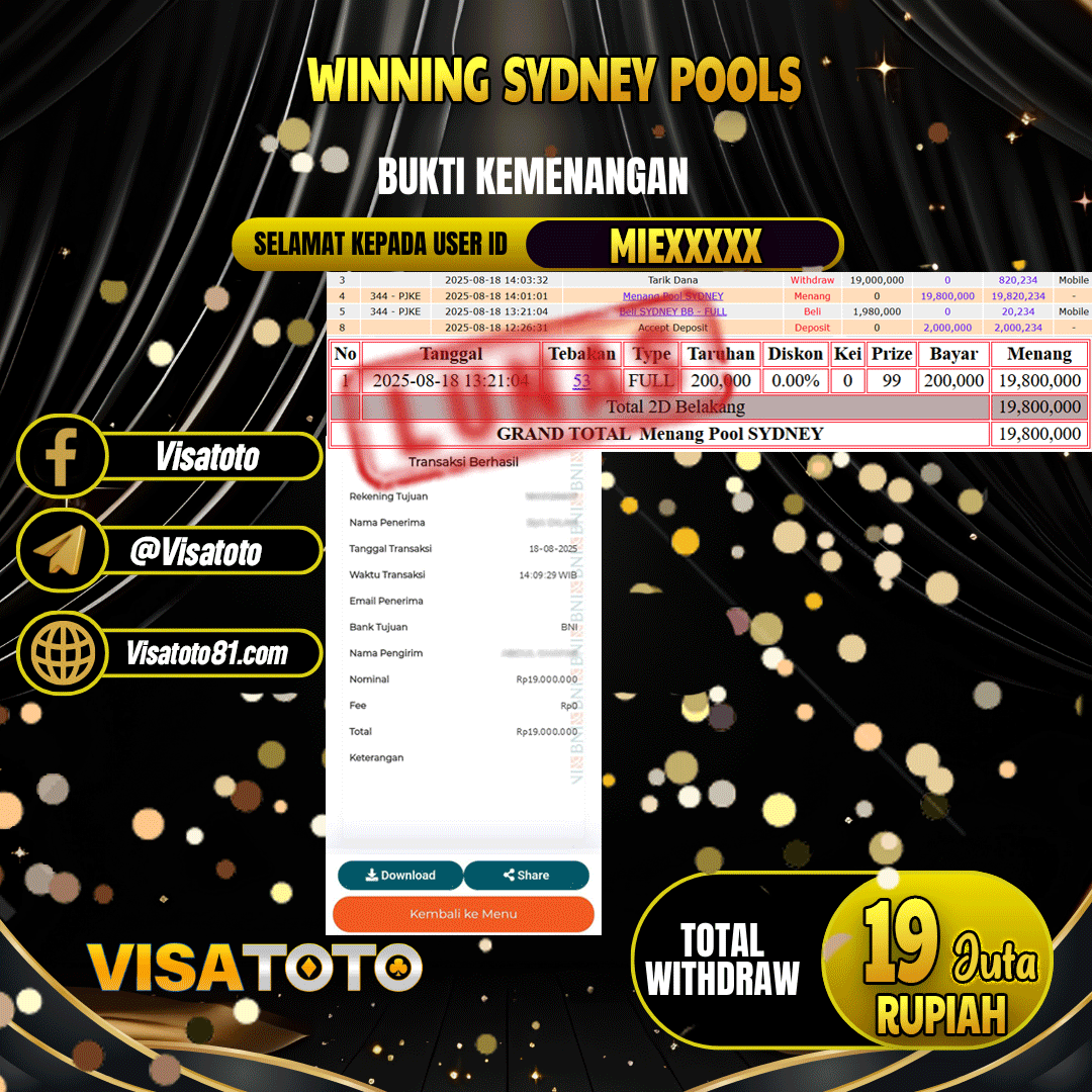 VISATOTO JACKPOT TOGEL SYDNEY RP.19.000.000,- LUNAS USER ID MIE***